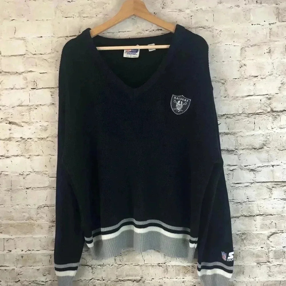 NFL Starter Men's Large Raiders V Neck Pullover Sweater Acrylic Black Gray READ